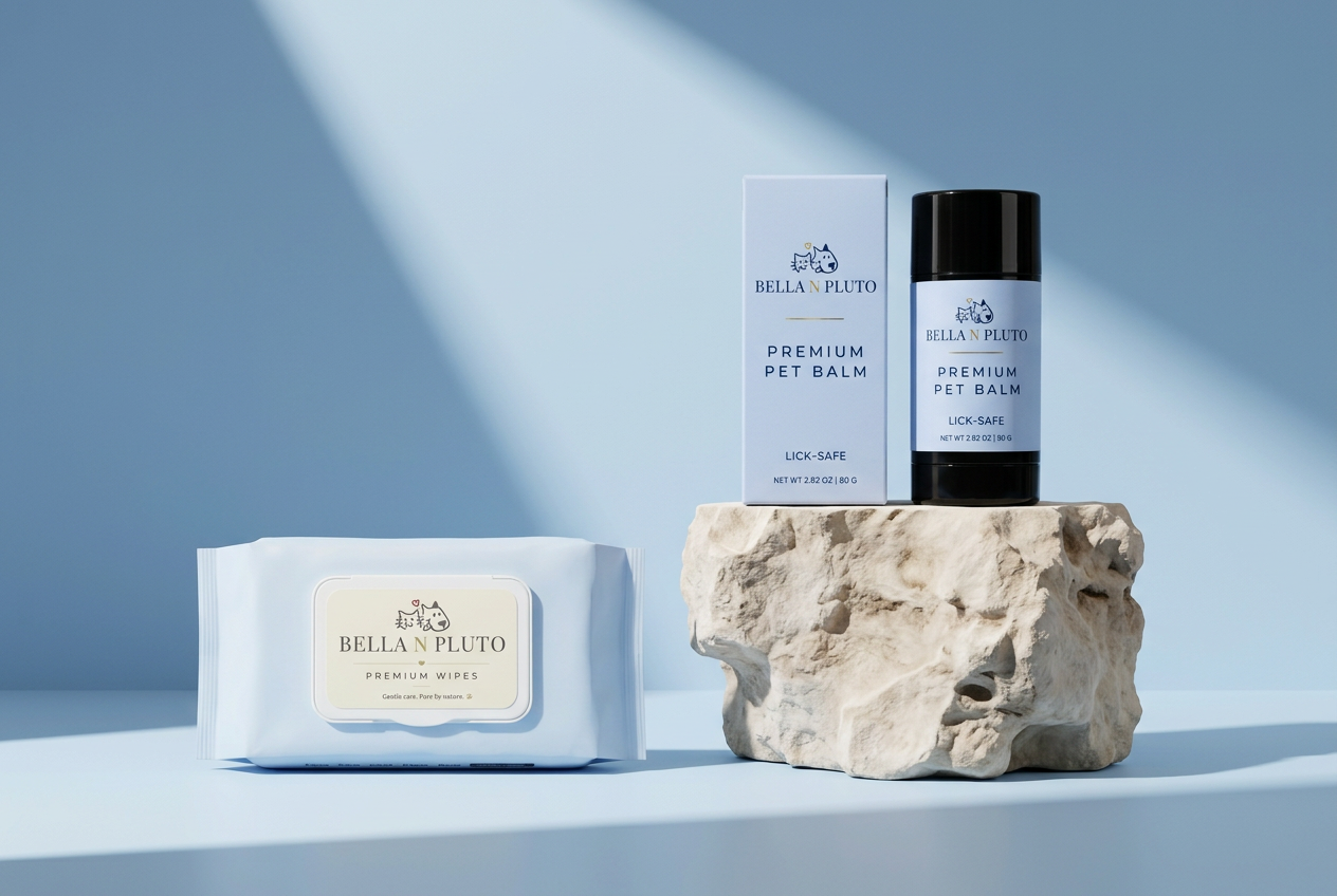Bella N Pluto pet wipes and pet balm arranged on limestone in architectural blue light